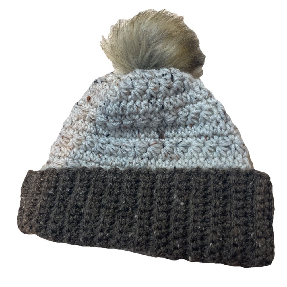 Handmade Crocheted Ribbed Chunky Knit Beanie Hat Faux Fur Pom Pom Oatmeal Brown